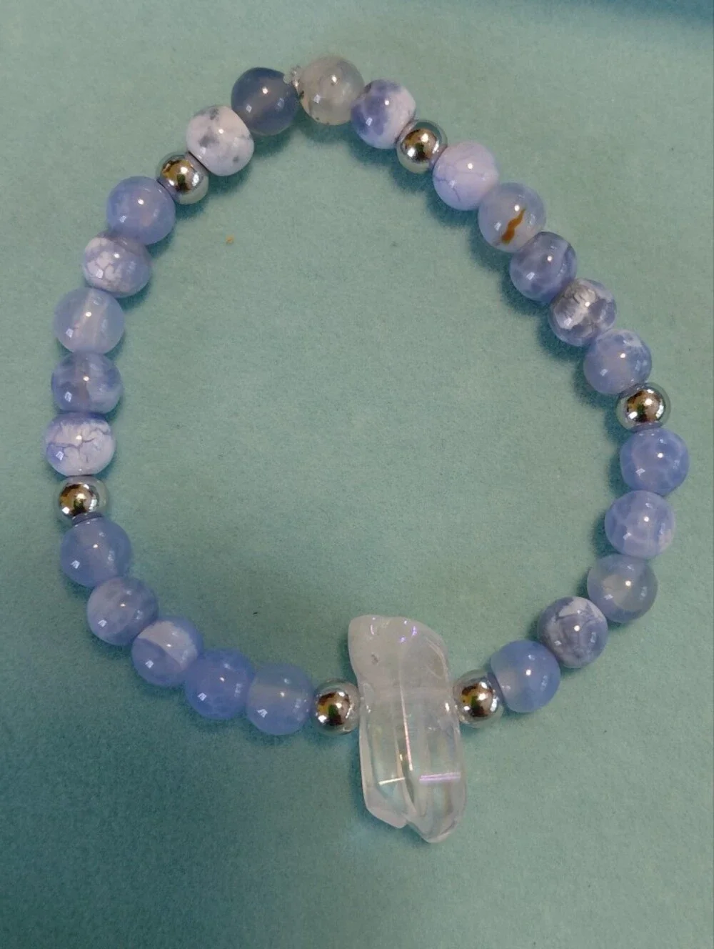 Blue Agate And Aura Quartz Beaded Strech Bracelet